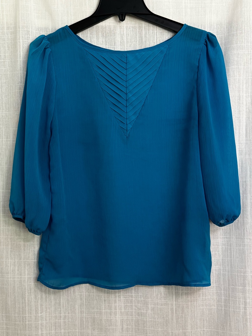 Annabella Teal V-Pleated Lightweight Bloused Sleeve Size M Summer Blouse Top